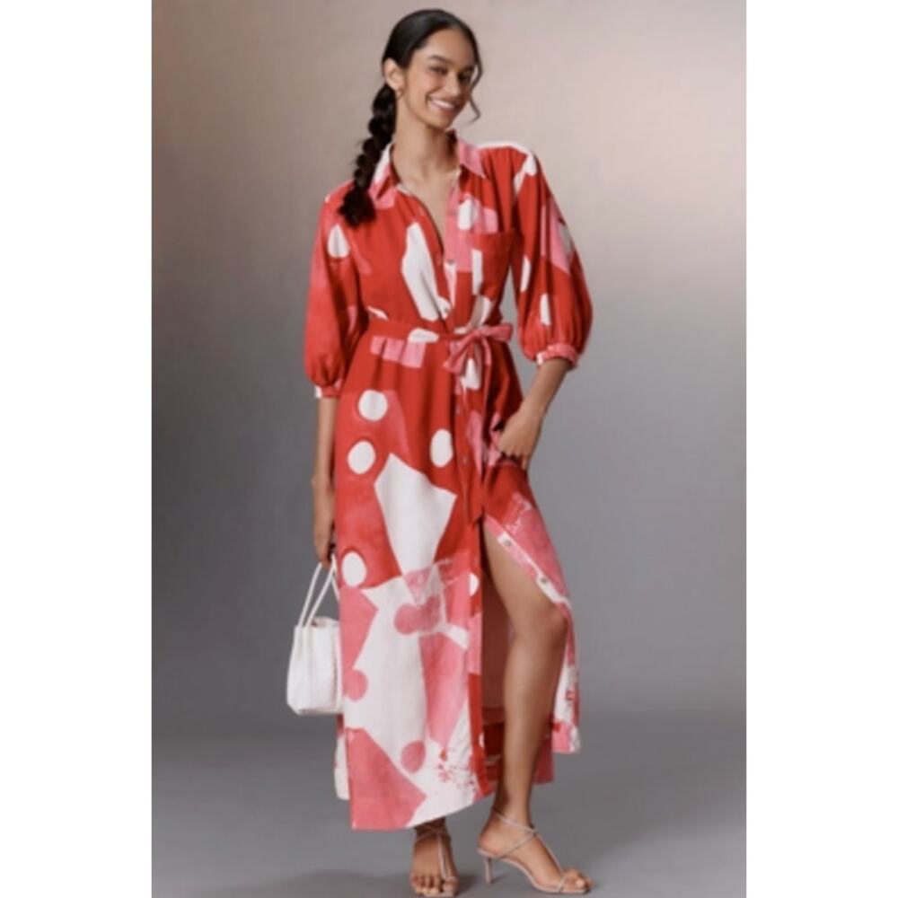 Anthropologie Mona Red, Pink and White Abstract Maxi Dress
